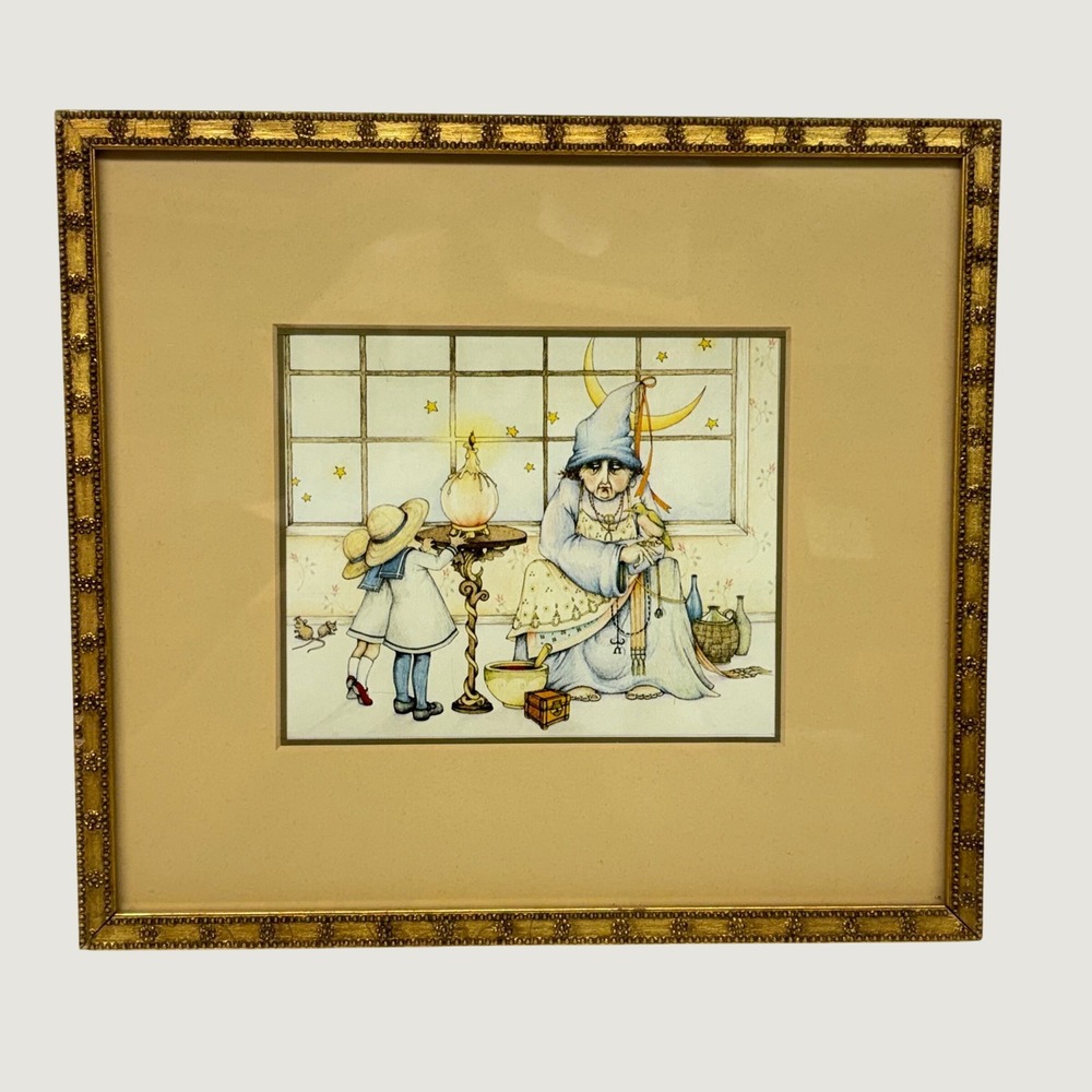 Vintage Whimsical Witch and Child Framed Art Print Gold Frame 10.25X9.25 1980s